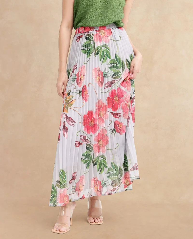 Rareism Women's Floral Printed Pleated Skirt
