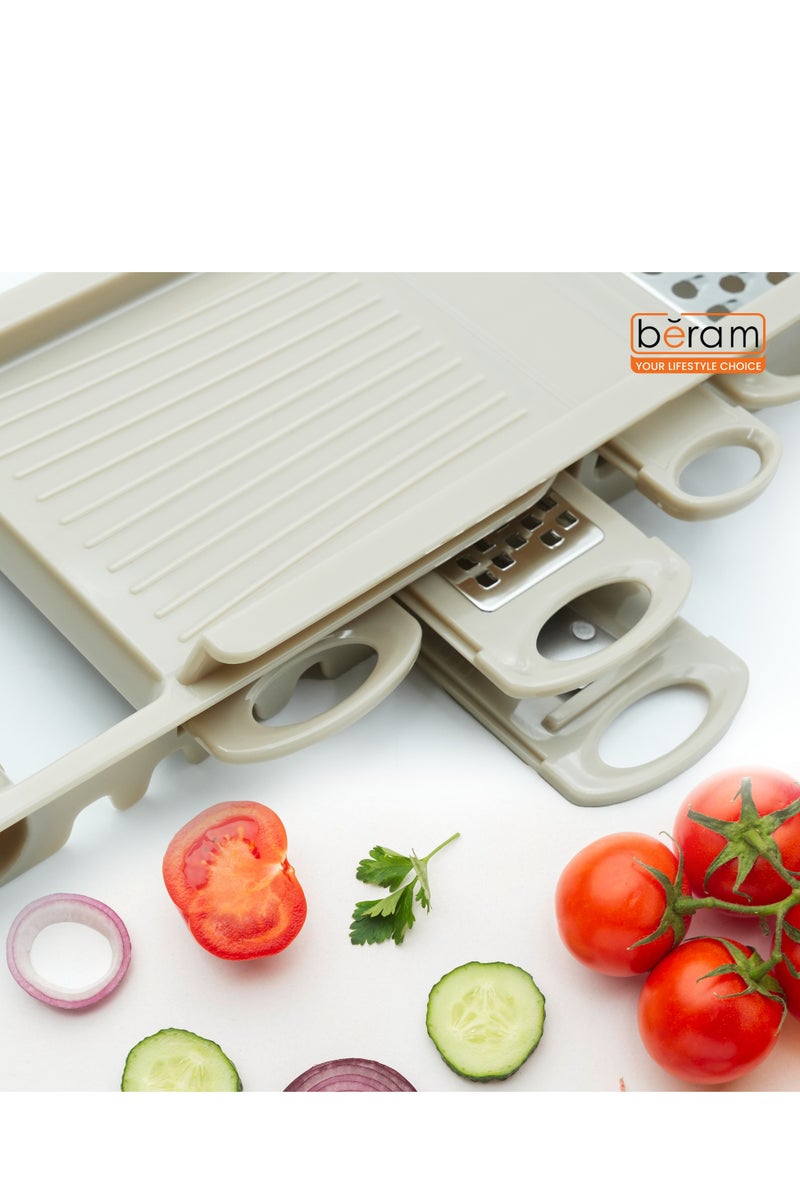 Beram 7-in-1 Multi-Purpose Grater & Slicer Set with 5 Stainless Steel Blades, Vegetable Cutter, Julienne Peeler, Cheese Shredder & Zester, BPA-Free, Dishwasher Safe, Food Prep Tool-Beige  - Image 2