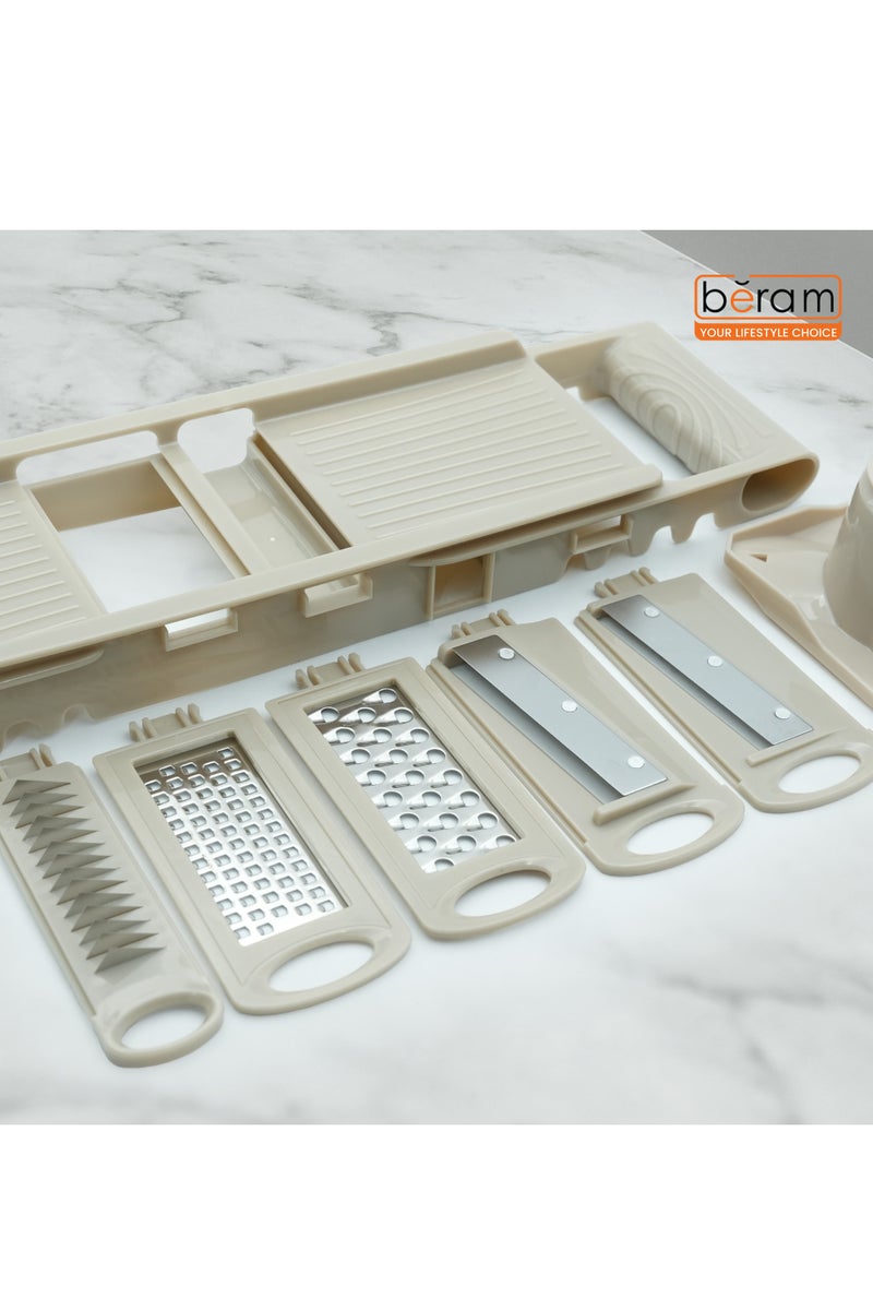 Beram 7-in-1 Multi-Purpose Grater & Slicer Set with 5 Stainless Steel Blades, Vegetable Cutter, Julienne Peeler, Cheese Shredder & Zester, BPA-Free, Dishwasher Safe, Food Prep Tool-Beige  - Image 3