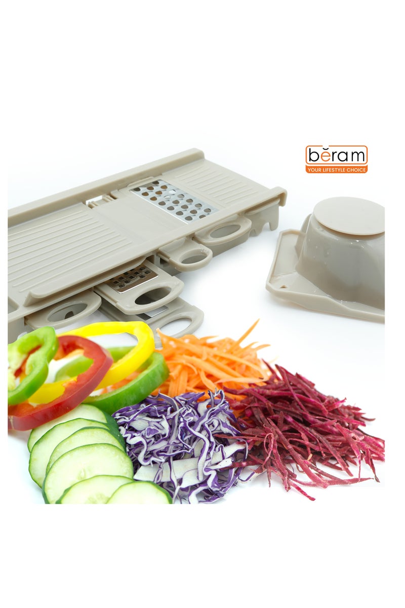 Beram 7-in-1 Multi-Purpose Grater & Slicer Set with 5 Stainless Steel Blades, Vegetable Cutter, Julienne Peeler, Cheese Shredder & Zester, BPA-Free, Dishwasher Safe, Food Prep Tool-Beige  - Image 5