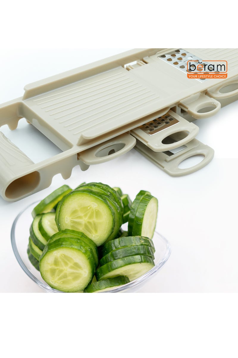 Beram 7-in-1 Multi-Purpose Grater & Slicer Set with 5 Stainless Steel Blades, Vegetable Cutter, Julienne Peeler, Cheese Shredder & Zester, BPA-Free, Dishwasher Safe, Food Prep Tool-Beige  - Image 4