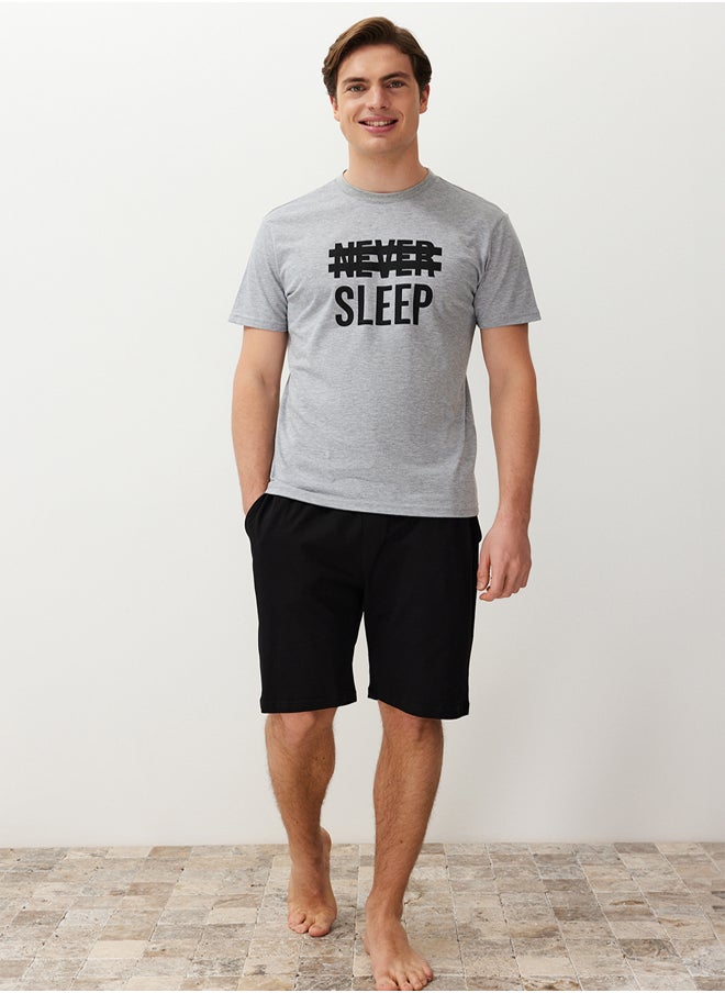 trendyol Gray Regular Fit Summer Printed Pajama Set with Shorts THMSS21PT0216  - Image 2