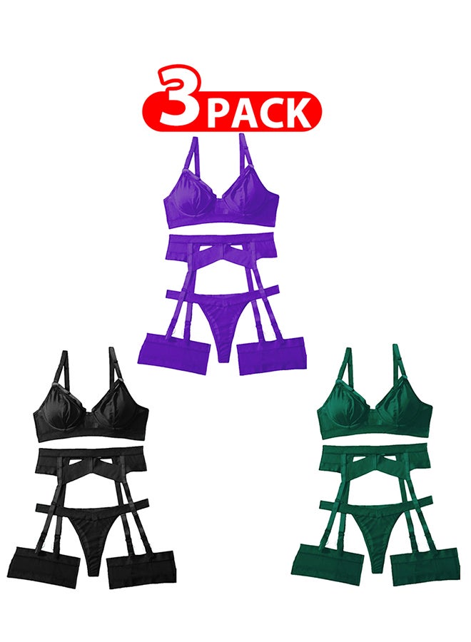 MARGOUN 3 Pack Medium Size Women Sheer Mesh Garter Lingerie Set Strappy Teddy Babydoll Bra and Panty with Leg Ring 4 Piece Lingerie Set - Image 1