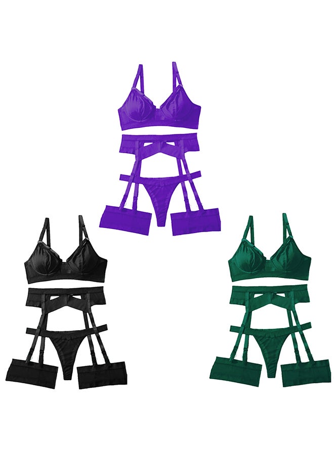 MARGOUN 3 Pack Medium Size Women Sheer Mesh Garter Lingerie Set Strappy Teddy Babydoll Bra and Panty with Leg Ring 4 Piece Lingerie Set - Image 2