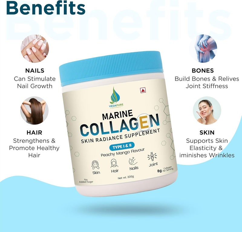 Vedapure Marine Collagen Skin Radiance Supplement |Peachy Mango, 200g |Hydrolyzed Collagen Powder with Amino Acids, Biotion, Vitamin C & E | Healthy Skin, Joints, Hairs & Nails - Image 2