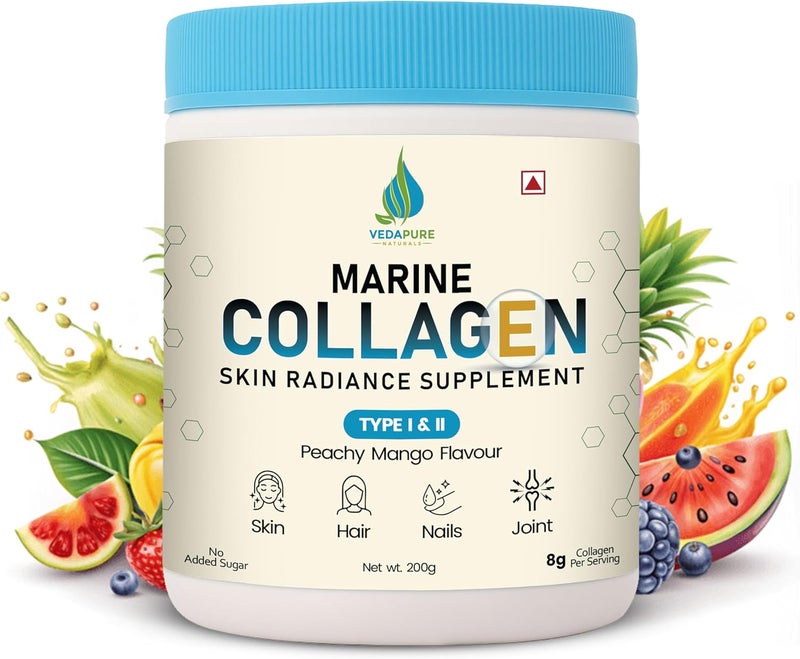 Vedapure Marine Collagen Skin Radiance Supplement |Peachy Mango, 200g |Hydrolyzed Collagen Powder with Amino Acids, Biotion, Vitamin C & E | Healthy Skin, Joints, Hairs & Nails - Image 1