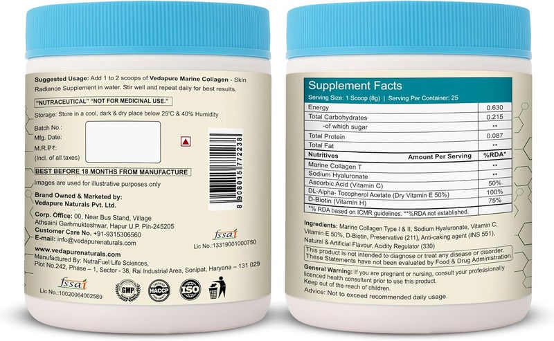 Vedapure Marine Collagen Skin Radiance Supplement |Peachy Mango, 200g |Hydrolyzed Collagen Powder with Amino Acids, Biotion, Vitamin C & E | Healthy Skin, Joints, Hairs & Nails - Image 3