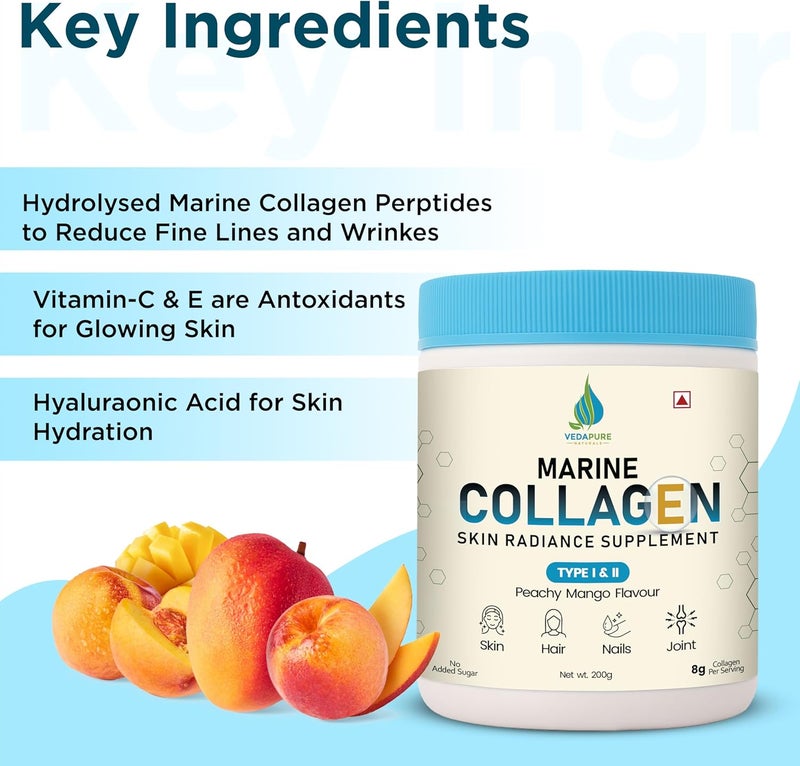 Vedapure Marine Collagen Skin Radiance Supplement |Peachy Mango, 200g |Hydrolyzed Collagen Powder with Amino Acids, Biotion, Vitamin C & E | Healthy Skin, Joints, Hairs & Nails - Image 4