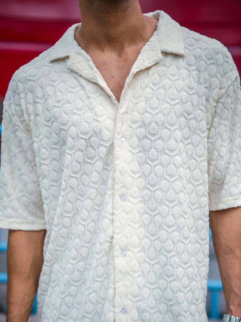 Maniac  Maniac Mens Solid Puff Textured Collared Neck Cream Shirt for Men | Best Price UAE