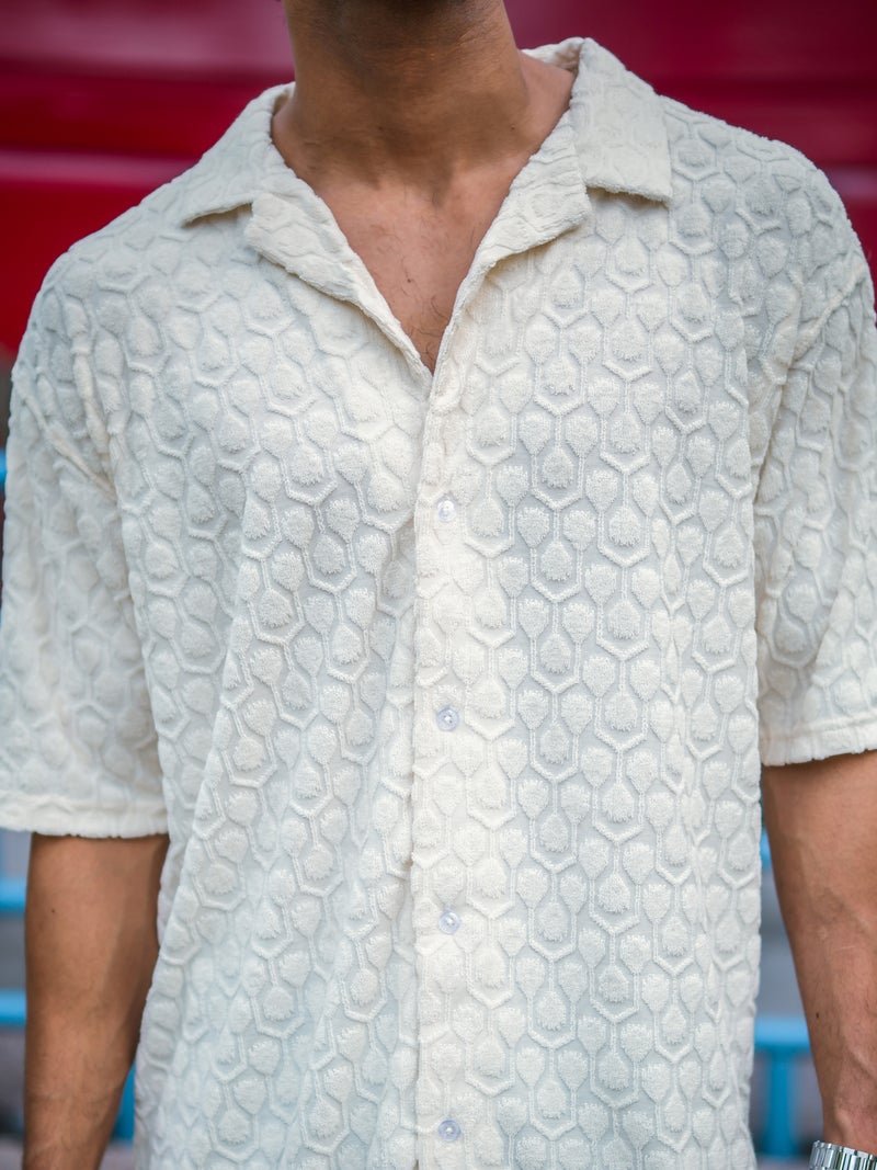 Maniac Mens Solid Puff Textured Collared Neck Cream Shirt - Image 4