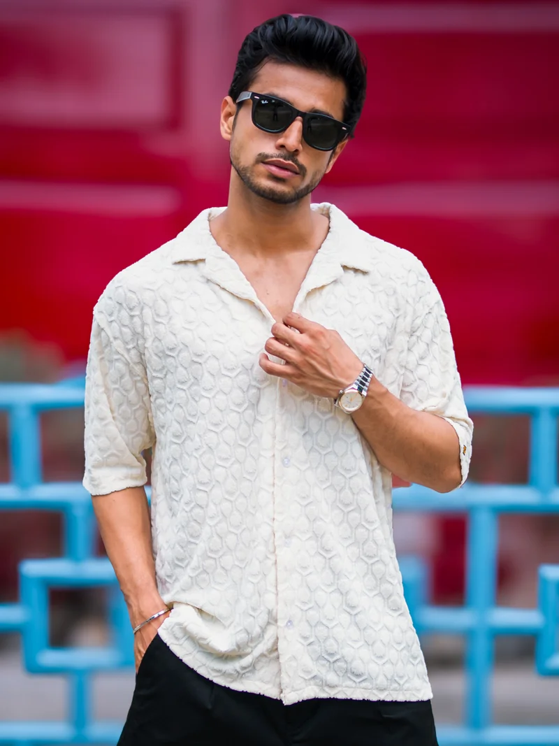 Maniac  Maniac Mens Solid Puff Textured Collared Neck Cream Shirt for Men | Best Price UAE