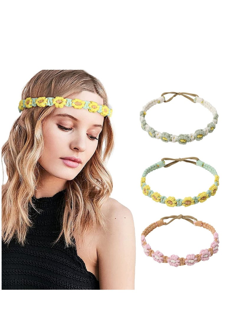 Y&D Crochet Hair Bandanas Headband Boho Floral Hand Knitted Elastic Head Wrap Hippie Accessories Daisy Vintage Kerchief for Women Girls 3 PCS - Image 1