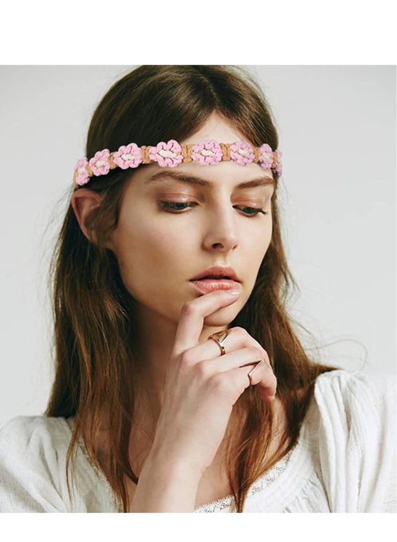 Y&D Crochet Hair Bandanas Headband Boho Floral Hand Knitted Elastic Head Wrap Hippie Accessories Daisy Vintage Kerchief for Women Girls 3 PCS - Image 4