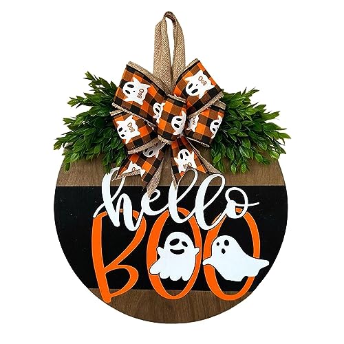 Halloween Door Hanger Sign Decorations Cute Ghost Welcome Wood Wreaths Decor for Front Door Farmhouse Porch Wall Decor Outdoor Halloween Ghost