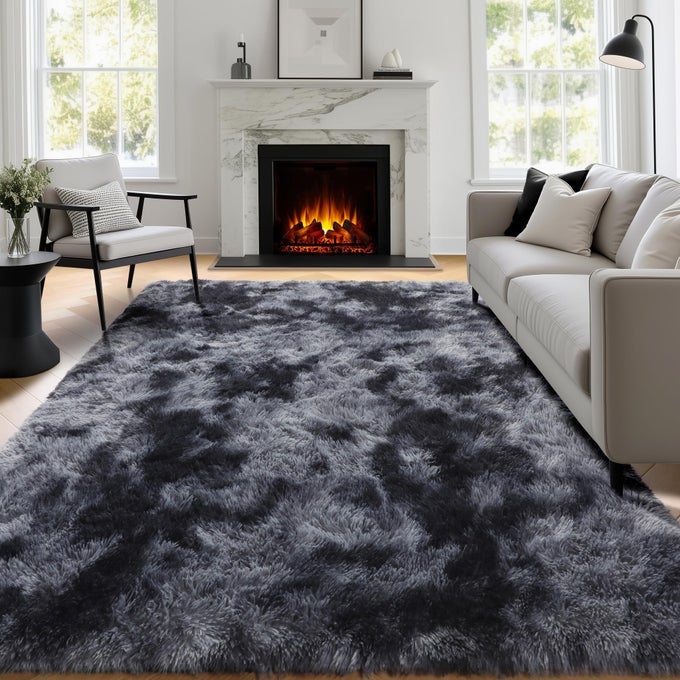 ABSTRACT SHAGGY AREA RUG 4 X 6 PLUSH FURRY RUGS FOR LIVING ROOM TIEDYED DARK GREY SOFT FLUFFY RUGS FOR BEDROOM GRILS BOYS FUZZY RUG FOR NURSERY DORM SHAG CARPET FOR KIDS ROOM DECOR