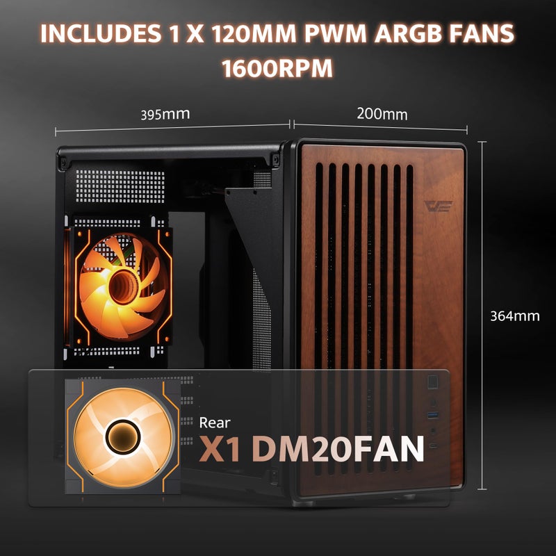 darkFlash WD200(2025) Portable Micro-ATX PC Case with Handle, 1 ARGB PWM Fans, with Walnut Wood, Type-C, Support 240 AIO, H165mm Cooler, Simple Compact Desktop (Black) - Image 4