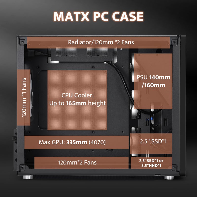 darkFlash WD200(2025) Portable Micro-ATX PC Case with Handle, 1 ARGB PWM Fans, with Walnut Wood, Type-C, Support 240 AIO, H165mm Cooler, Simple Compact Desktop (Black) - Image 5