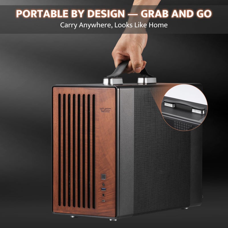 darkFlash WD200(2025) Portable Micro-ATX PC Case with Handle, 1 ARGB PWM Fans, with Walnut Wood, Type-C, Support 240 AIO, H165mm Cooler, Simple Compact Desktop (Black) - Image 2