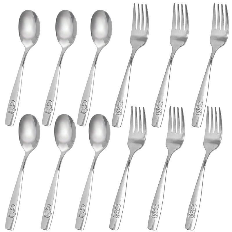 HANSGO 12PCS Toddler Utensils, Stainless Steel Kids Silverware, Safe Toddler Forks and Spoons, Mirror Polished, Dishwasher Safe, with Bunny & Puppy Motifs, Fun Stocking Stuffers for Kids - Image 1