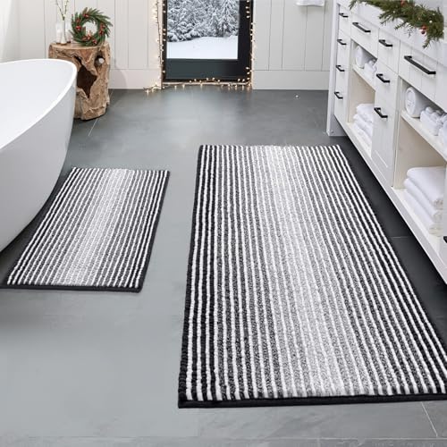 BSICPRO Bathroom Rugs and Mats Sets, 2 Piece Thick Absorbent Chenille Bath Mat Rug Set Non Slip, Soft Shaggy Bath Room Floor Mats for Bathroom, Machine Washable (20" x 47" Plus 16" x 24", Black) - Image 1