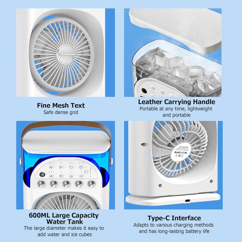 TDOO Portable Air Conditioners Rechargeable Rotating, Double Head Cooling Fan with Remote, Air Cooler with 3 Speeds & Mist Modes, 600ml Water Tank, 7-Color Night Light, Portable for Room/Car - Image 4