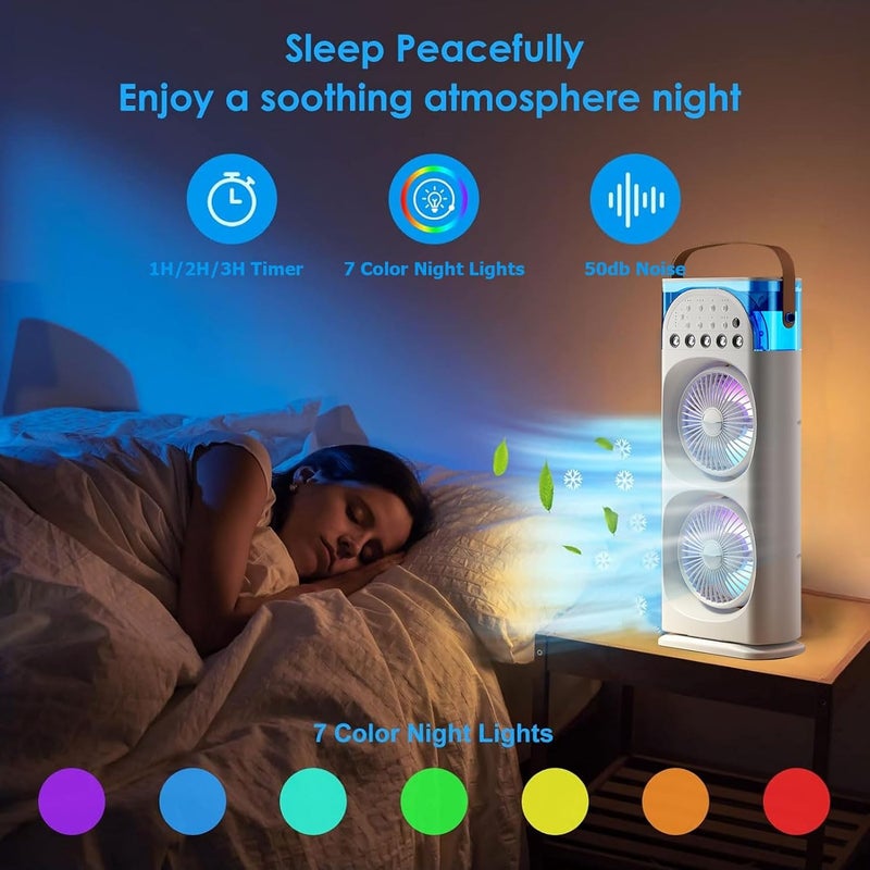 TDOO Portable Air Conditioners Rechargeable Rotating, Double Head Cooling Fan with Remote, Air Cooler with 3 Speeds & Mist Modes, 600ml Water Tank, 7-Color Night Light, Portable for Room/Car - Image 5