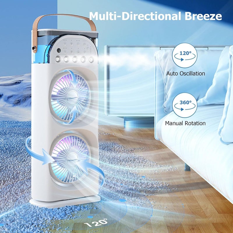 TDOO Portable Air Conditioners Rechargeable Rotating, Double Head Cooling Fan with Remote, Air Cooler with 3 Speeds & Mist Modes, 600ml Water Tank, 7-Color Night Light, Portable for Room/Car - Image 3