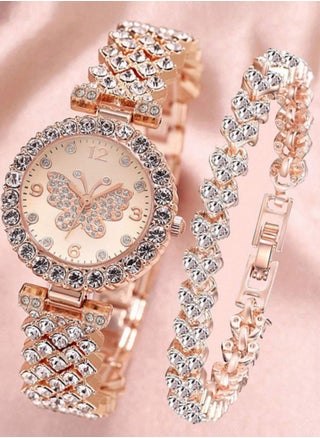 Women's Watch and Bracelet Set Made of Rose Gold Stainless Steel Decorated with Rhinestones in a Butterfly Design and Features a Round Frame and a Watch Bracelet with a Unique and Distinctive Design Suitable for Daily Wear Parties and Holidays - pzsku/Z28391397C4CB048B47BDZ/45/_/1738047330/c3962821-3f13-4c38-b90c-eb1302c04948