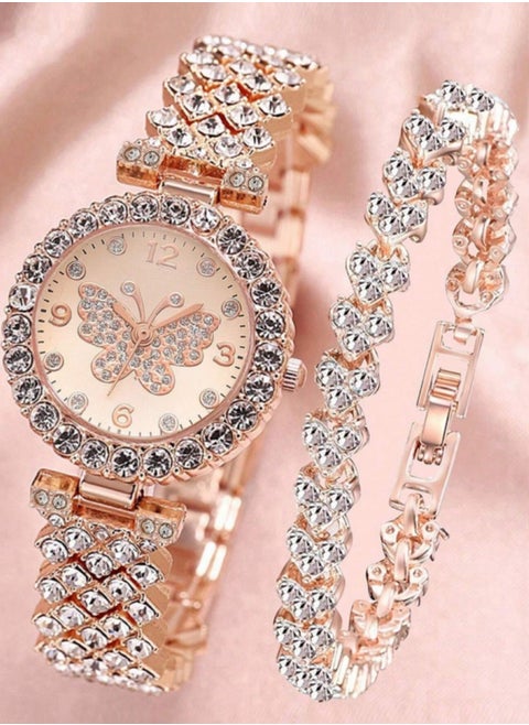 Women's Watch and Bracelet Set Made of Rose Gold Stainless Steel Decorated with Rhinestones in a Butterfly Design and Features a Round Frame and a Watch Bracelet with a Unique and Distinctive Design Suitable for Daily Wear Parties and Holidays