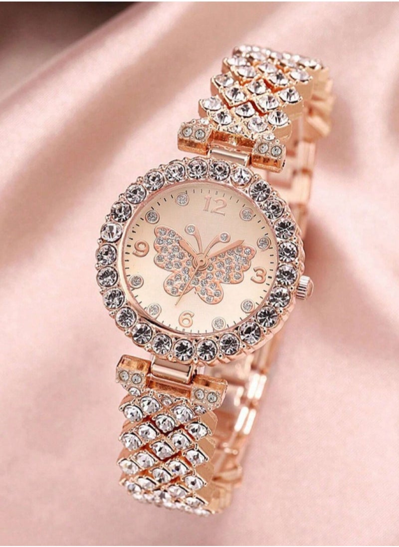 Women's Watch and Bracelet Set Made of Rose Gold Stainless Steel Decorated with Rhinestones in a Butterfly Design and Features a Round Frame and a Watch Bracelet with a Unique and Distinctive Design Suitable for Daily Wear Parties and Holidays