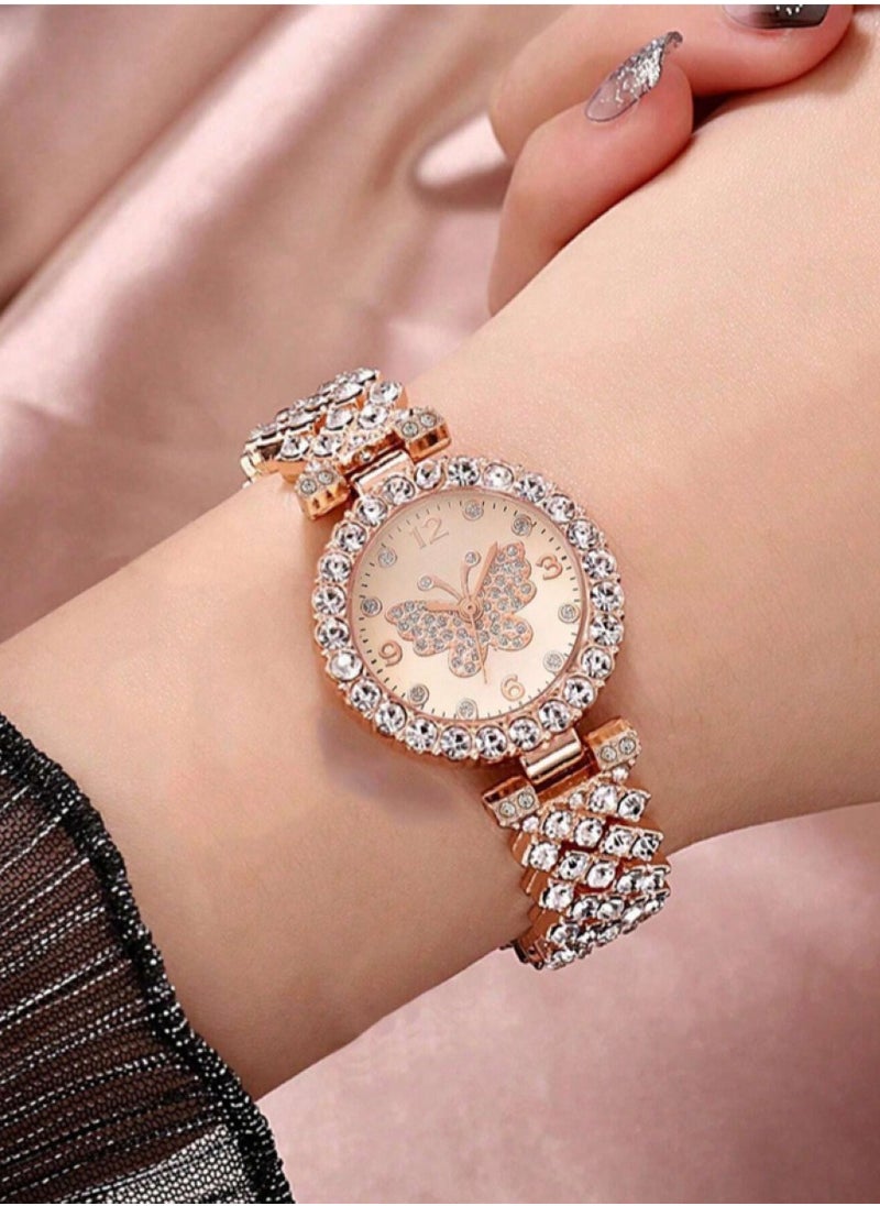 Women's Watch and Bracelet Set Made of Rose Gold Stainless Steel Decorated with Rhinestones in a Butterfly Design and Features a Round Frame and a Watch Bracelet with a Unique and Distinctive Design Suitable for Daily Wear Parties and Holidays