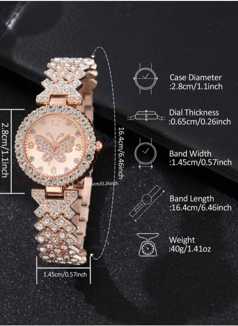 Women's Watch and Bracelet Set Made of Rose Gold Stainless Steel Decorated with Rhinestones in a Butterfly Design and Features a Round Frame and a Watch Bracelet with a Unique and Distinctive Design Suitable for Daily Wear Parties and Holidays