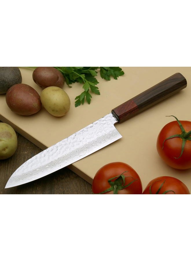 Yoshihiro VG-10 46 Layers Hammered Damascus Santoku Japanese Multipurpose Knife (7'' (180mm)) (Rosewood Handle) - Image 3