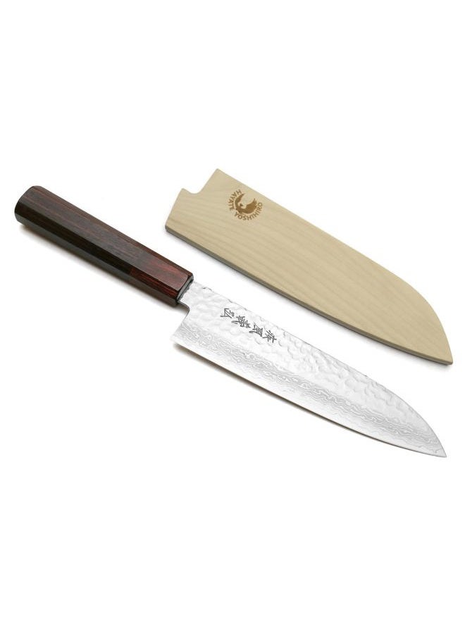 Yoshihiro VG-10 46 Layers Hammered Damascus Santoku Japanese Multipurpose Knife (7'' (180mm)) (Rosewood Handle) - Image 1