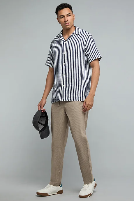 أر أند بي Solid Tapered Fit Pants with Drawstring Waist