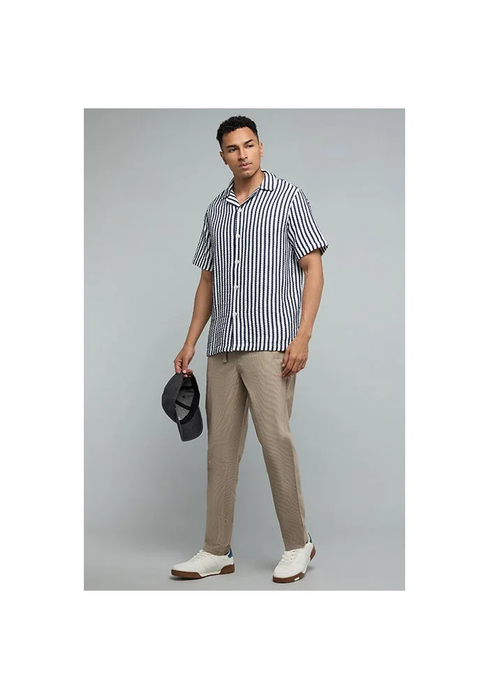 أر أند بي Solid Tapered Fit Pants with Drawstring Waist