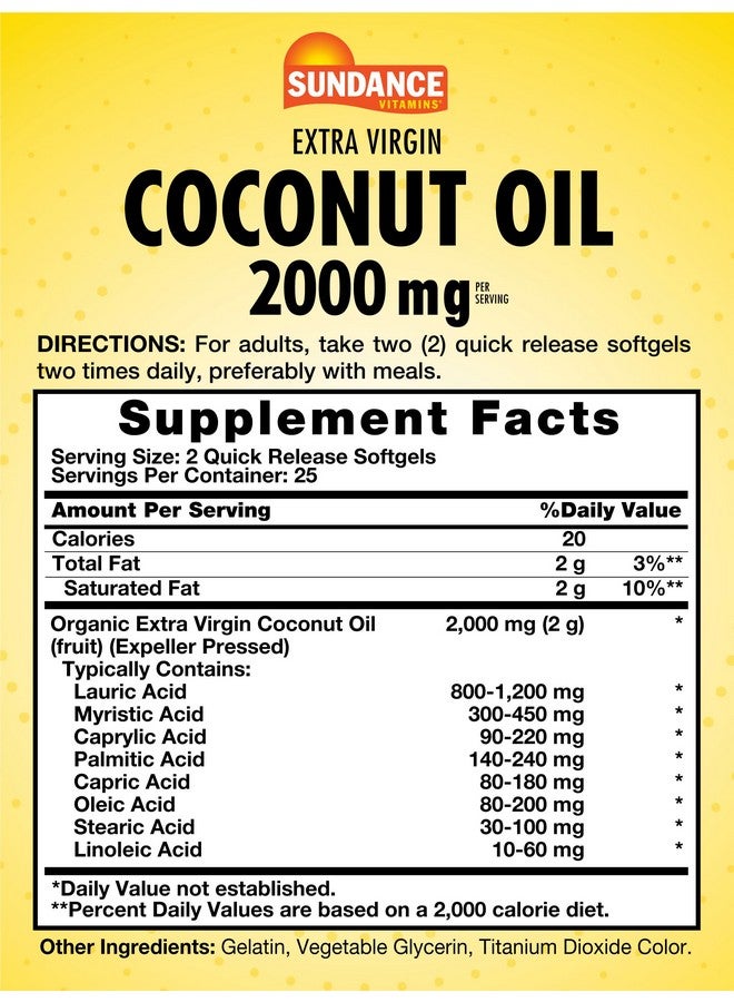 Sundance Extra Virgin Coconut Oil Softgels | 2000mg | 50 Count | Non-GMO and Gluten Free Supplement - Image 2