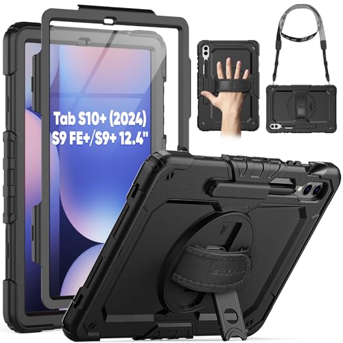 SEYMAC Case for Samsung Galaxy Tab S10+ Plus 2024/ S9 FE+ Plus/ S9+ Plus 12.4" 2023, Heavy Duty Shockproof Protective Case with Screen Protector, Stand, Hand/Shoulder Strap and Pen Holder, Black - Image 1