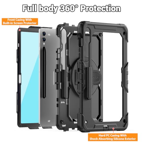 SEYMAC Case for Samsung Galaxy Tab S10+ Plus 2024/ S9 FE+ Plus/ S9+ Plus 12.4" 2023, Heavy Duty Shockproof Protective Case with Screen Protector, Stand, Hand/Shoulder Strap and Pen Holder, Black - Image 5
