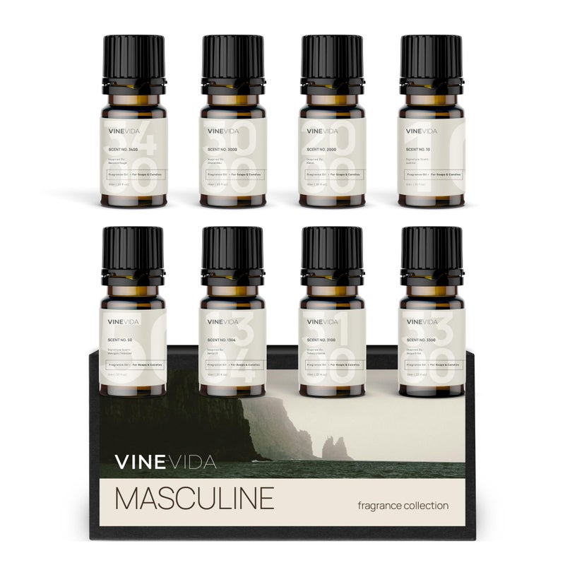 VINEVIDA [Set of 8] Masculine Scents for Candle Making, Made in USA Candle Fragrance Oil, Soap Making Essential Oils, Diffuser Oil Scents - Image 1