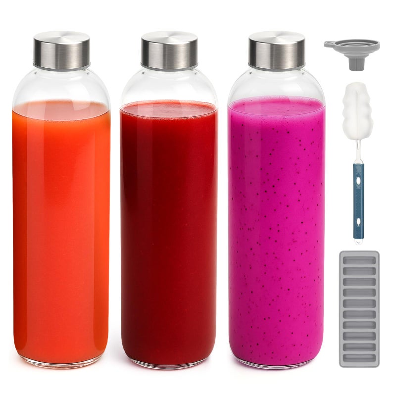 Zukro Glass Water Bottles with Lids 32 oz, 3 Pack Reusable Large Juice Bottles With Stainless Steel Airtight Cap for Juicing, Leak Proof Clear Drinking Jar Beverage storage container, BPA Free - Image 1