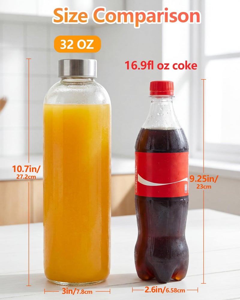 Zukro Glass Water Bottles with Lids 32 oz, 3 Pack Reusable Large Juice Bottles With Stainless Steel Airtight Cap for Juicing, Leak Proof Clear Drinking Jar Beverage storage container, BPA Free - Image 5