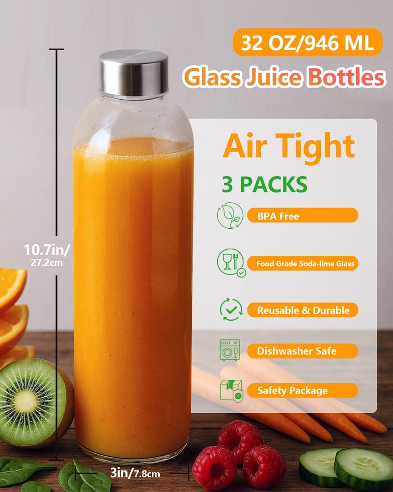Zukro Glass Water Bottles with Lids 32 oz, 3 Pack Reusable Large Juice Bottles With Stainless Steel Airtight Cap for Juicing, Leak Proof Clear Drinking Jar Beverage storage container, BPA Free - Image 2