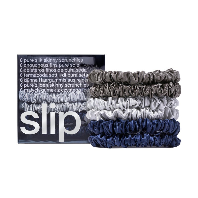 Slip Silk Skinnie Scrunchies Midnight Collection (Charcoal, Navy, Silver) - Elastic Scrunchies Set (6 Scrunchies) - Image 1
