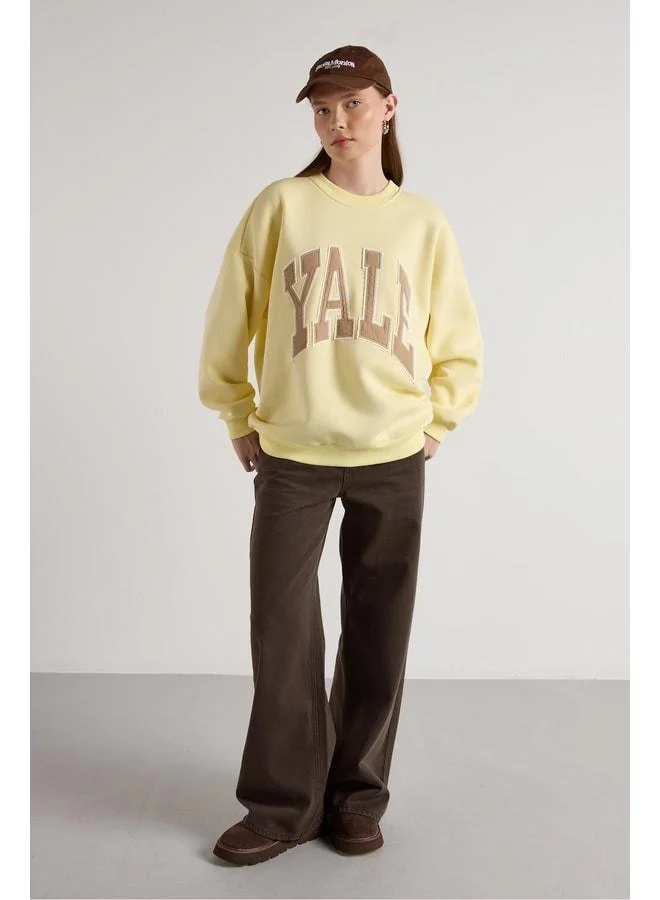 mina aise Women's Yellow Embroidered Shardon Oversized Sweatshirt 30080.