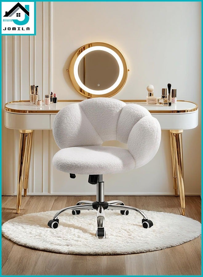 JOMILA Cloud-Shaped Vanity Desk Chair Boucle Upholstered with Adjustable Height, Swivel Wheels & Plush Teddy Fabric, Cute Vanity Chair for Home Office, Bedroom, Dressing Room (White) - Image 1