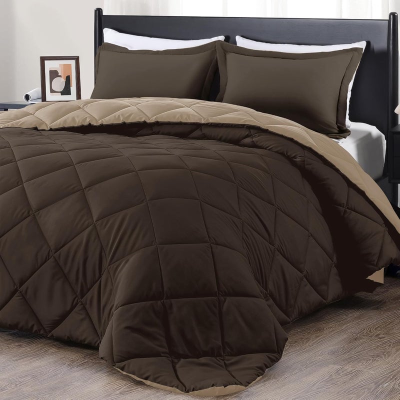 downluxe King Size Comforter Set - Brown and Tan King Comforter, Soft Bedding Sets for All Seasons -3 Pieces - 1 Comforter (104"x92") and 2 Pillow Shams(20"x36") - Image 1