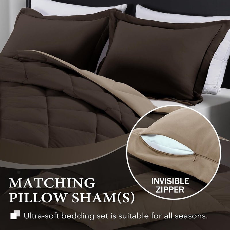 downluxe King Size Comforter Set - Brown and Tan King Comforter, Soft Bedding Sets for All Seasons -3 Pieces - 1 Comforter (104"x92") and 2 Pillow Shams(20"x36") - Image 3