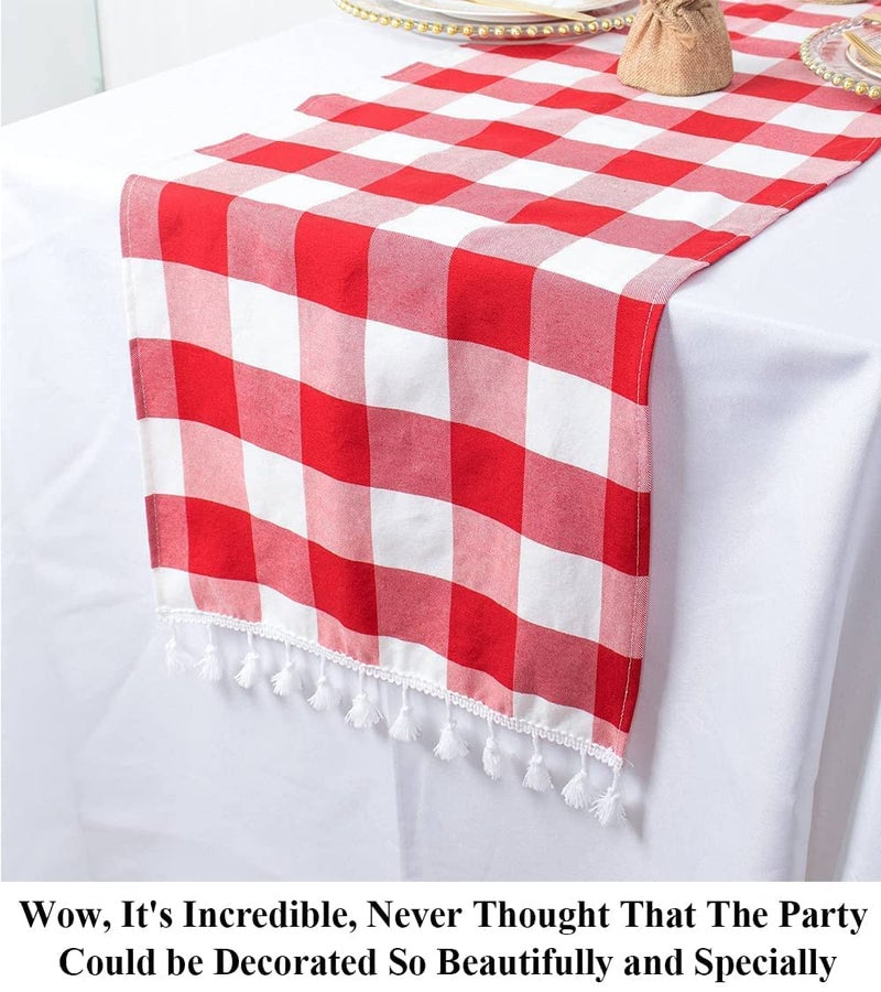 Partisout Buffalo Check Table Runner 72 Inch Red and White Checked Table Runner with Tassel Bluffalo Plaid Table Runners Washable Cotton Linen Table Cover Gingham Table Runners (14x72) - Image 2