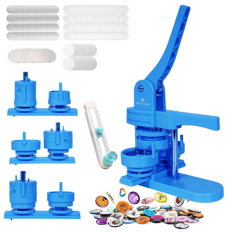 MECOLOUR Button Maker Machine Multiple Sizes 1.26+1.73+2.28 inch Pin Maker Machine,150pcs Button Badge Making Supplies,Button Press Machine for DIY Personalized Pinback Buttons Children DIY Gift(Blue) - Image 1